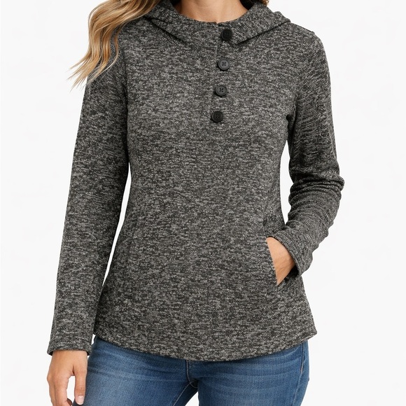 Columbia Tops - Columbia Hooded Fleece Pullover Heather Gray Button Neck Sweater Medium